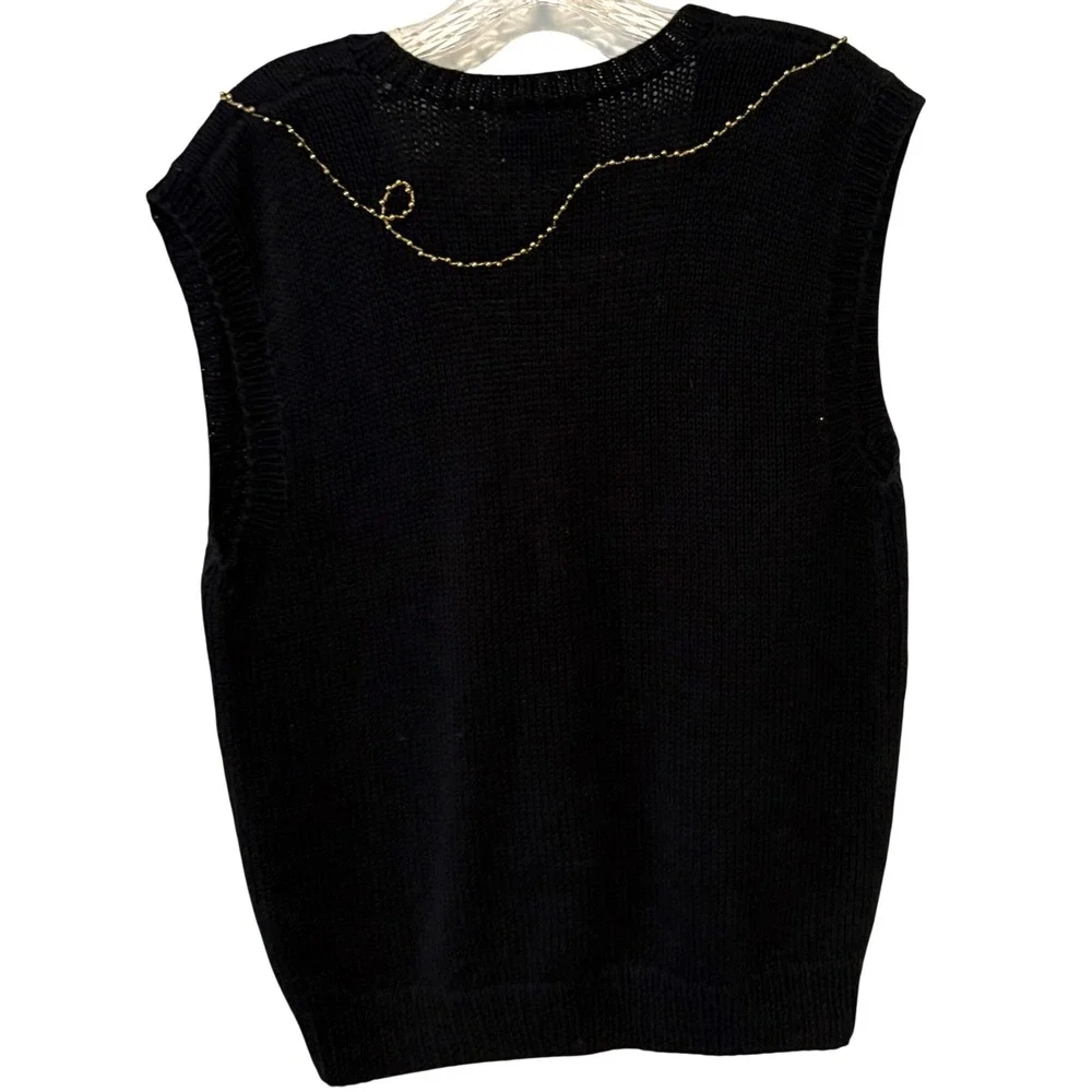 Talbots Women's Black Hand Knit Beaded Embroidered Christmas Sweater Vest Size M